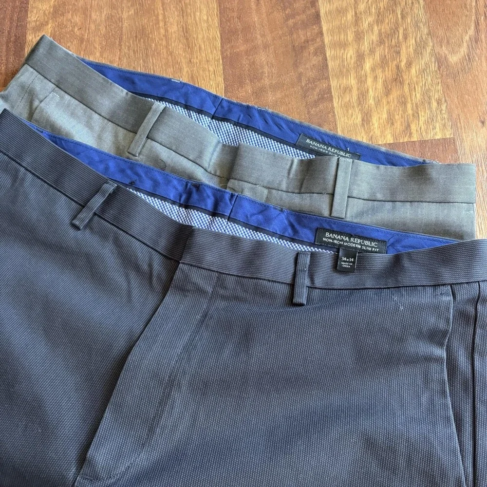 Lot Of 2 Banana Republic Pants Mens 34x34 Gray Modern Slim Herringbone Non Iron